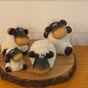 Hand painted Ceramic And Wool Set Of 4 Sheep Farmhouse Cottagecore Rustic Decor